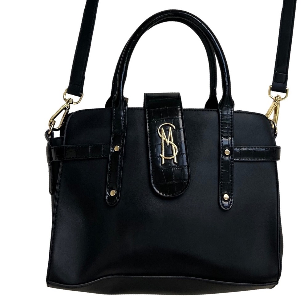 Steve Madden Black Croc Trim Satchel Crossbody Bag Gold Hardware SM Logo Handbag